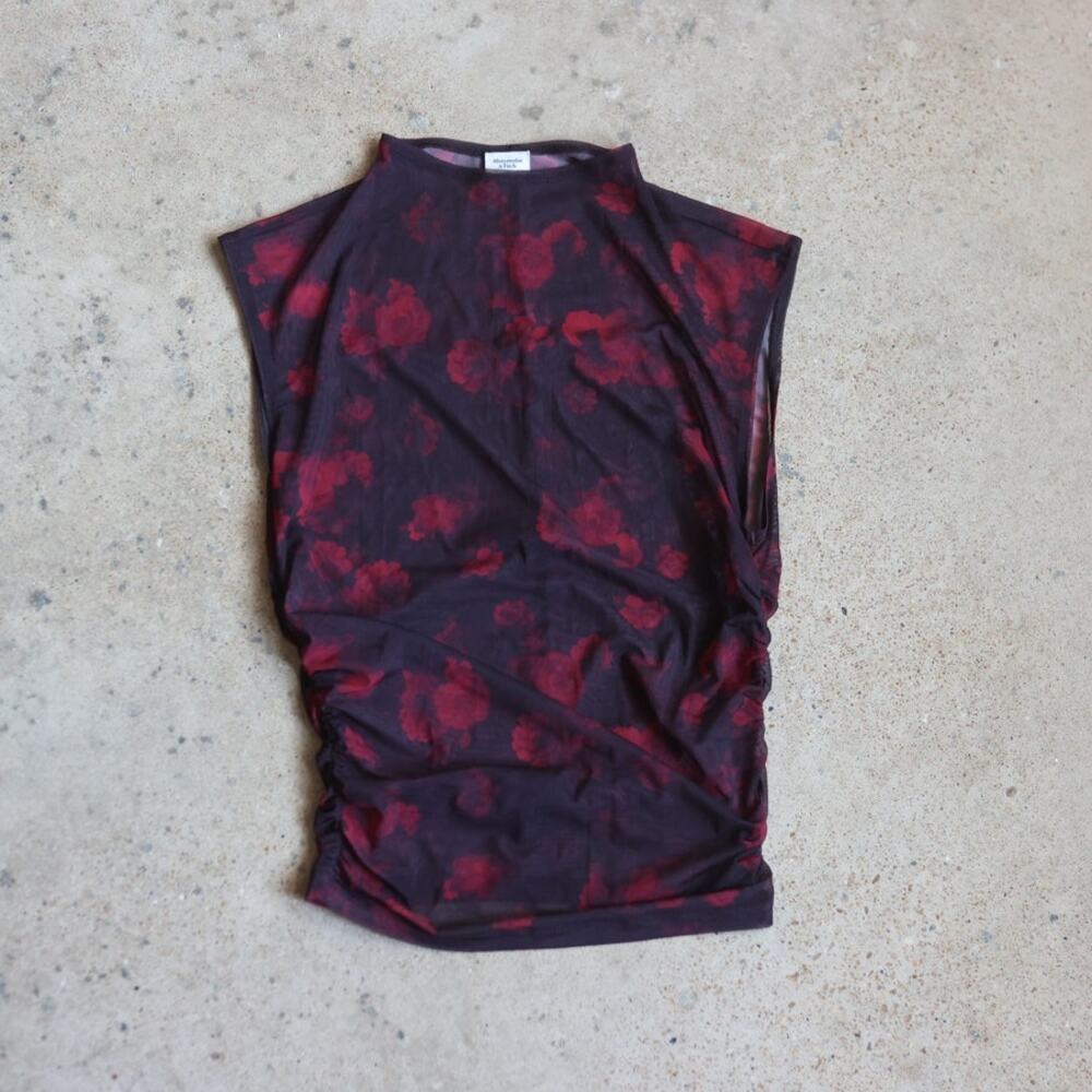 Abercrombie Floral Mesh Ruched Top Sheer Burgundy Red Y2K Mock Neck M
